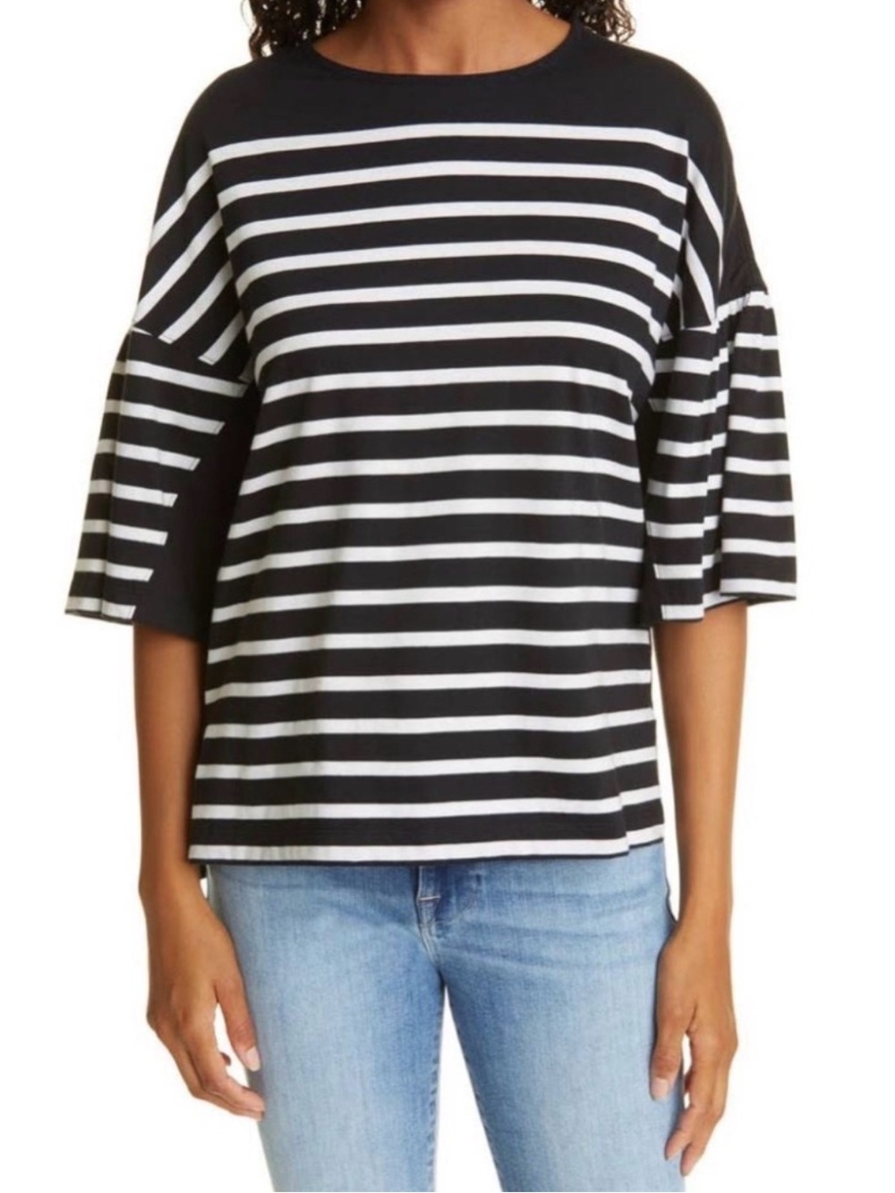 La Ligne Black White Striped Short Sleeve Tee Asymmetrical Hemline Small